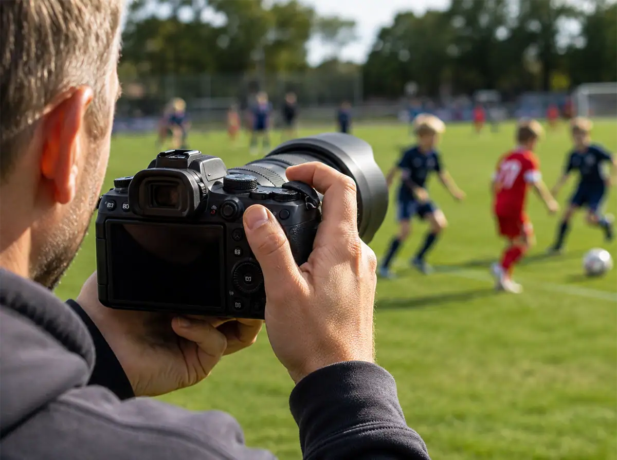A photographer uses back-button focus while tracking a youth soccer game with a telephoto lens.