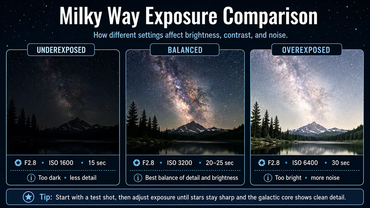 Milky Way exposure comparison showing underexposed, balanced, and overexposed settings.
