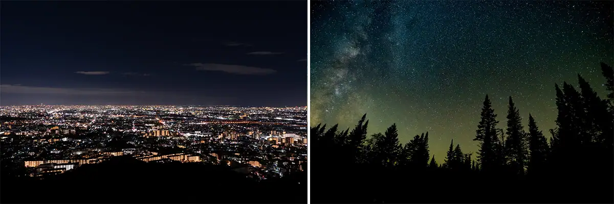 Comparison of city light pollution and dark sky conditions for Milky Way photography.