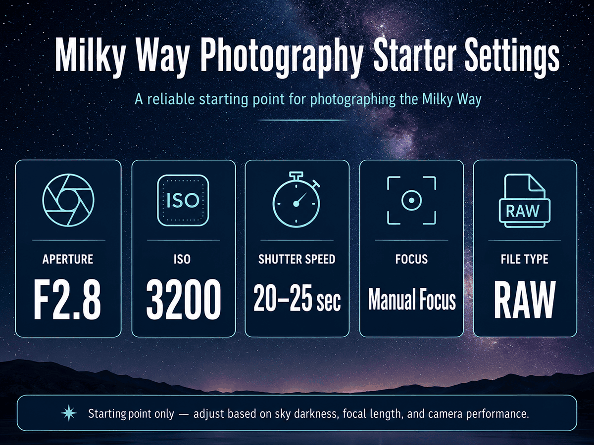 Milky Way photography starting camera settings graphic.