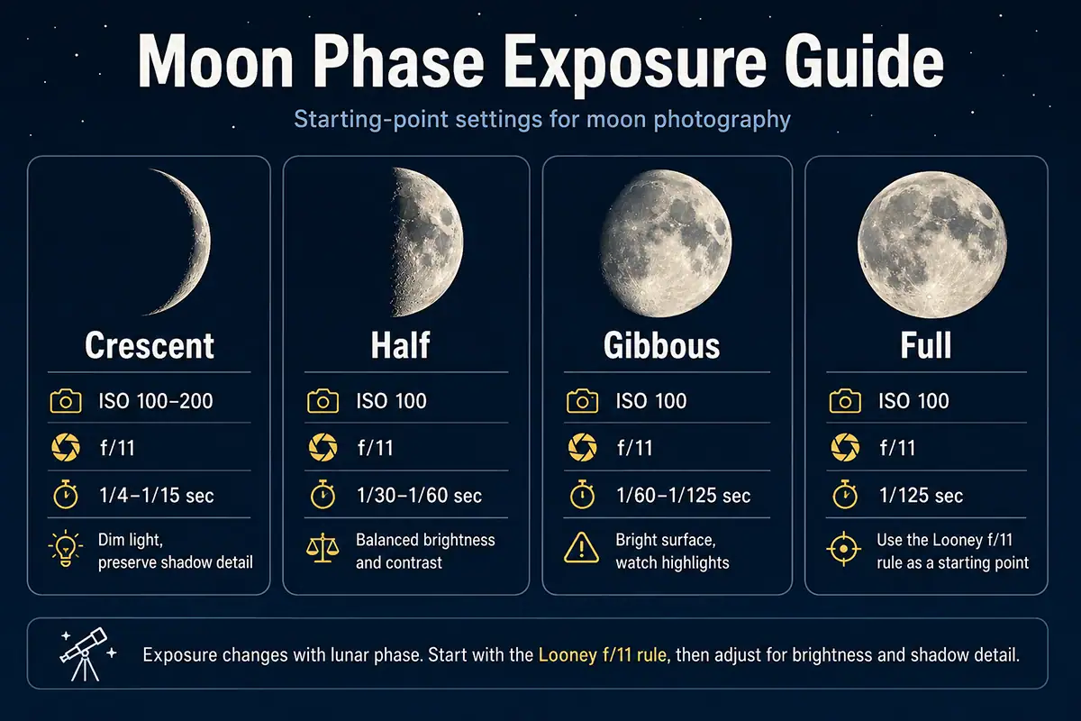 Moon photography camera settings guide for different lunar phases.