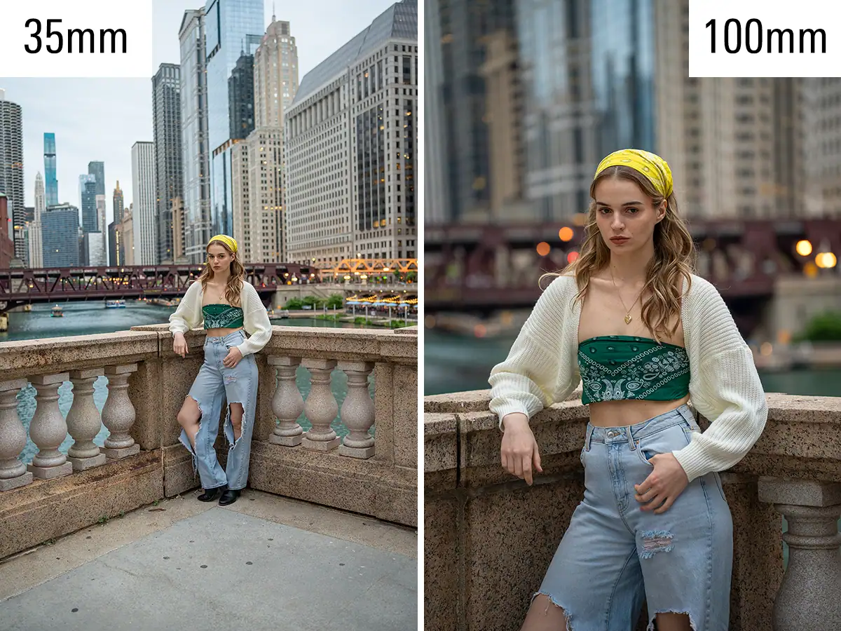 Side-by-side portrait comparison showing how 35mm and 100mm focal lengths change subject framing, background compression, and perspective.