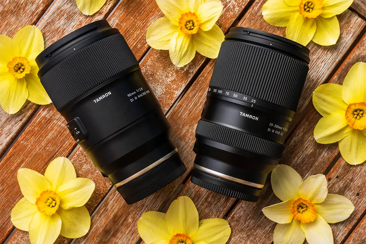 Tamron prime lens and zoom lens side by side illustrating the difference between fixed focal length and zoom range.