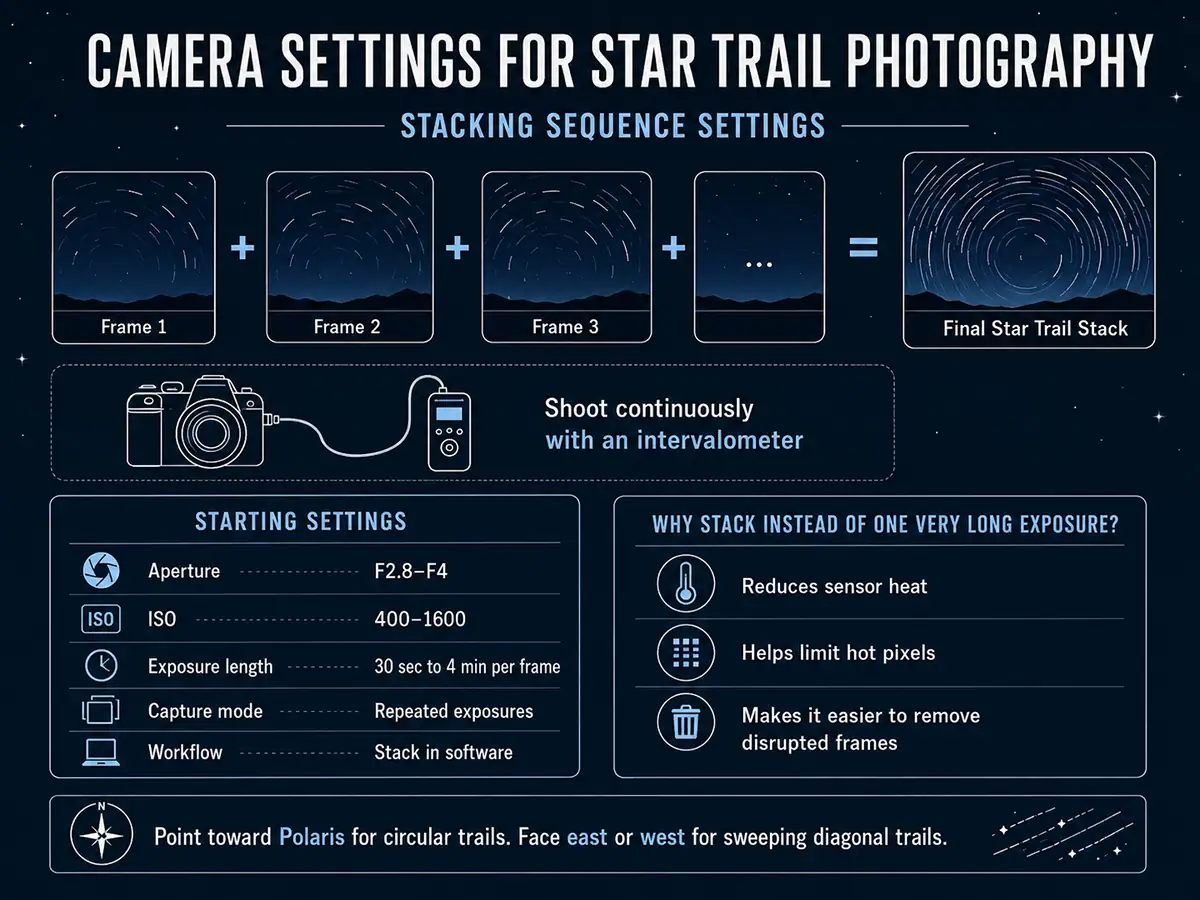 Star trail photography stacking sequence using multiple long exposures.