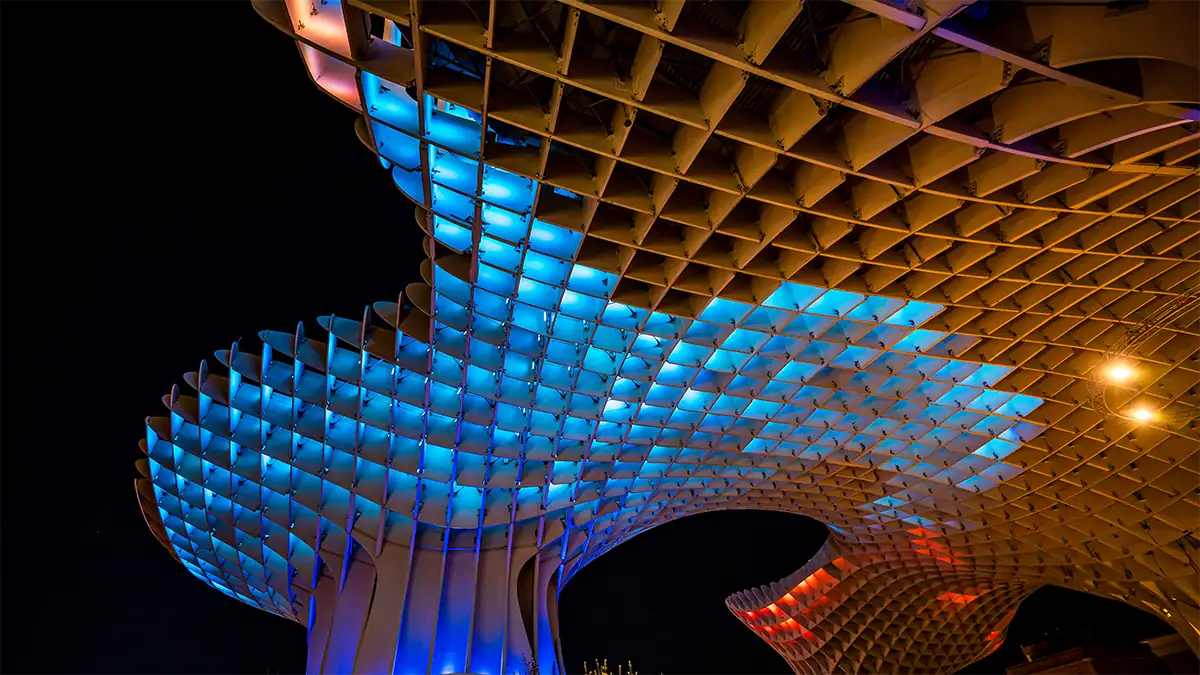 Illuminated curves of Las Setas in Seville at night, photographed with the Tamron 16-30mm F2.8 G2 travel lens.