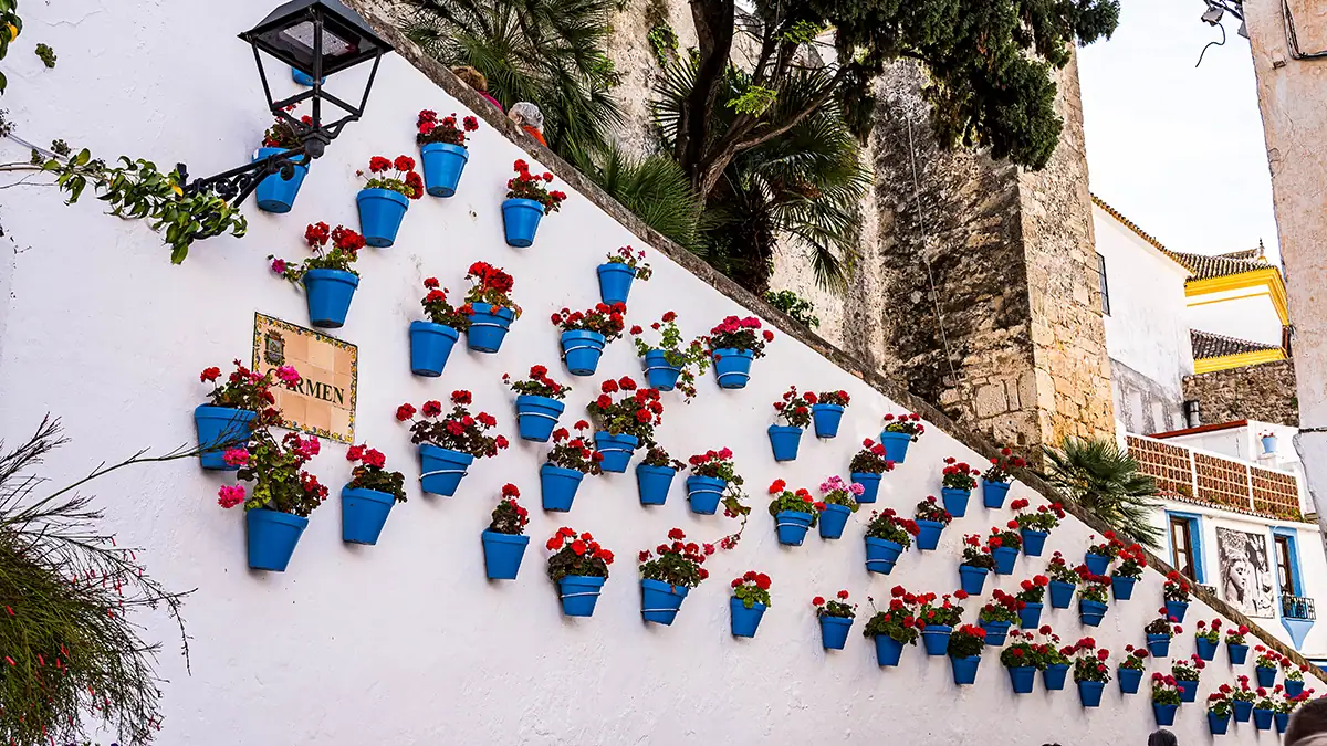 Blue hanging flower pots with red flowers line a white wall in Marbella, photographed with the Tamron 35-100mm F2.8 travel photography lens.