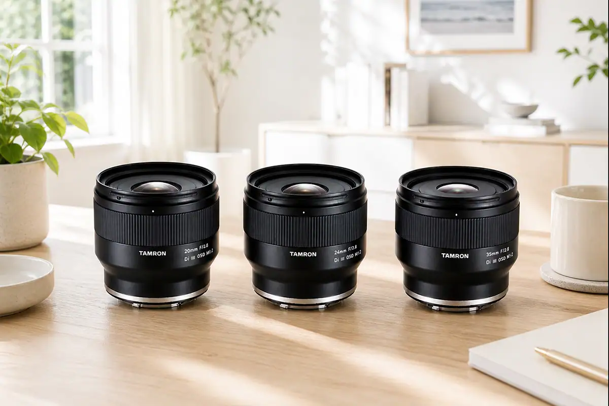 Tamron 20mm, 24mm, and 35mm prime lenses displayed together on a tabletop in a bright indoor setting.