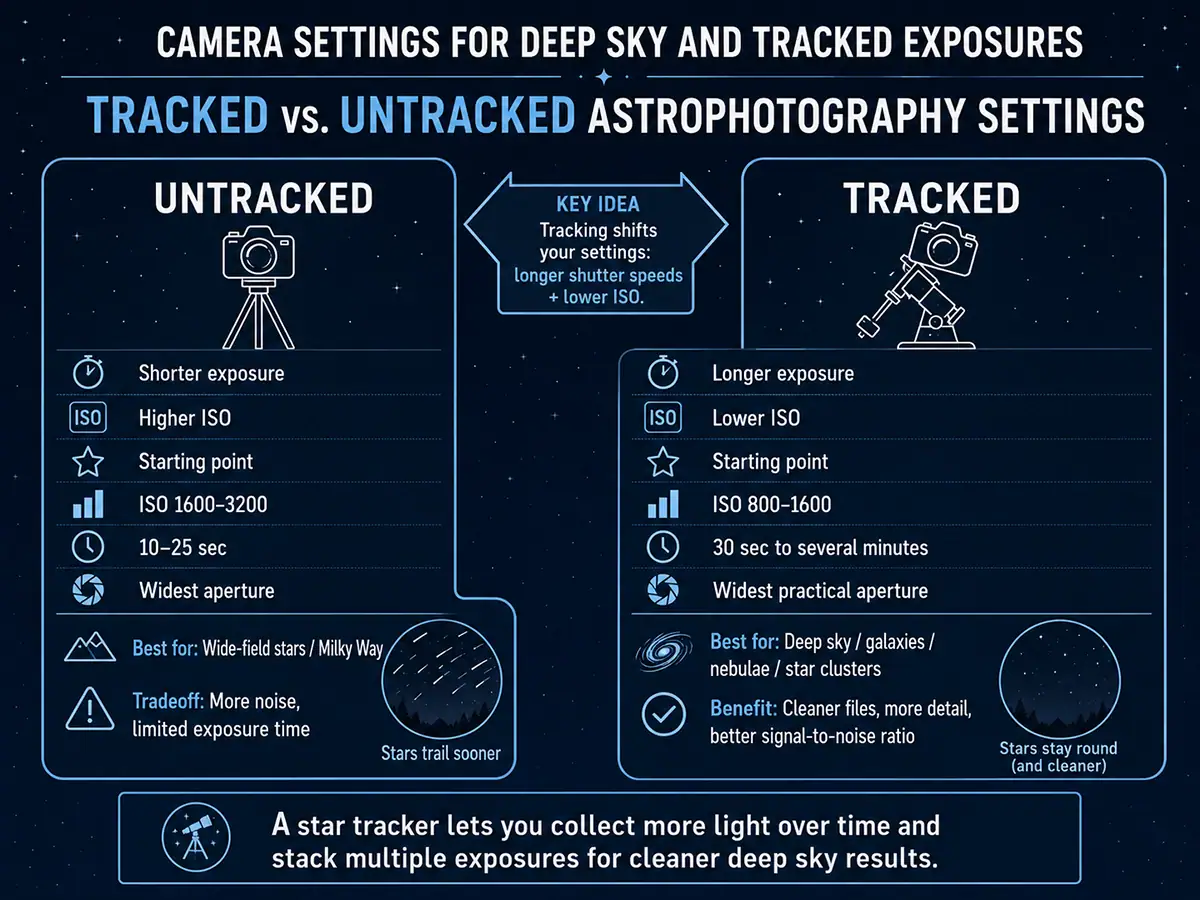 Tracked versus untracked astrophotography camera settings comparison.