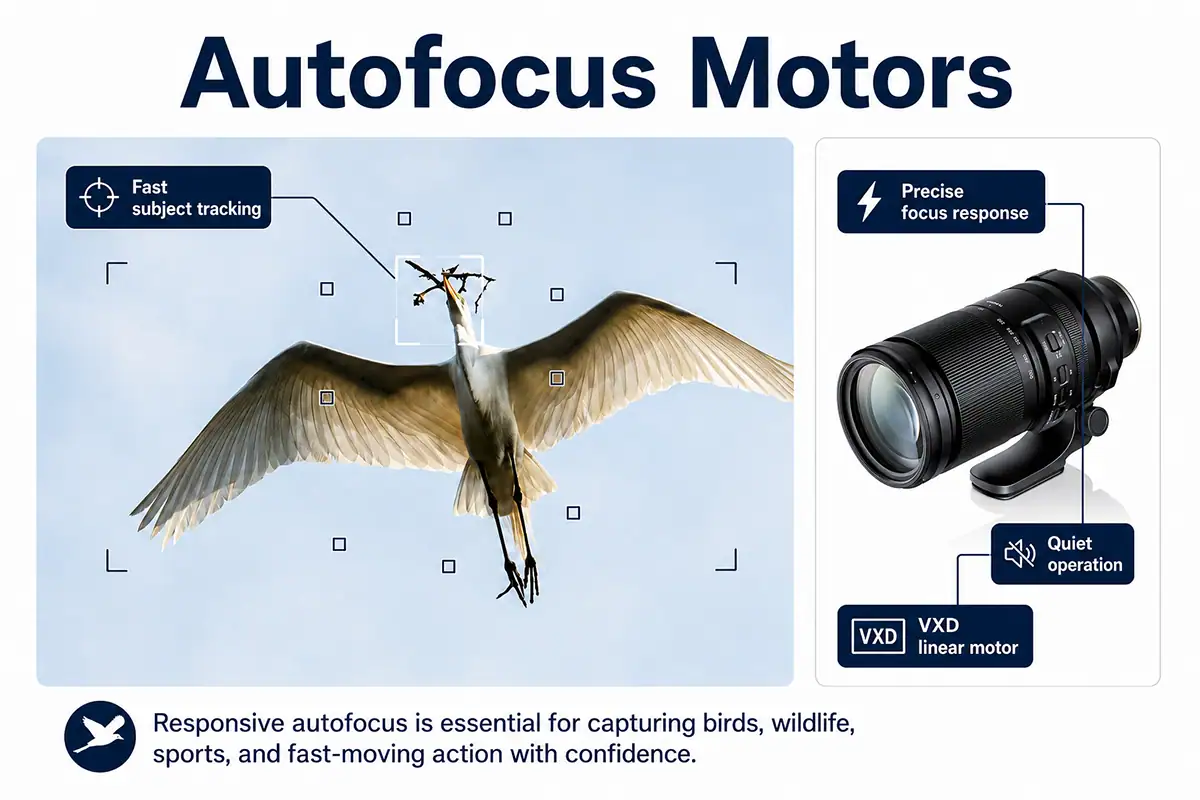 Infográfico sobre o foco automático que mostra um pássaro branco sendo rastreado em voo com a lente Tamron 150-500 mm, com legendas destacando o rastreamento rápido do objeto, a resposta precisa do foco, o funcionamento silencioso e o motor linear VXD.