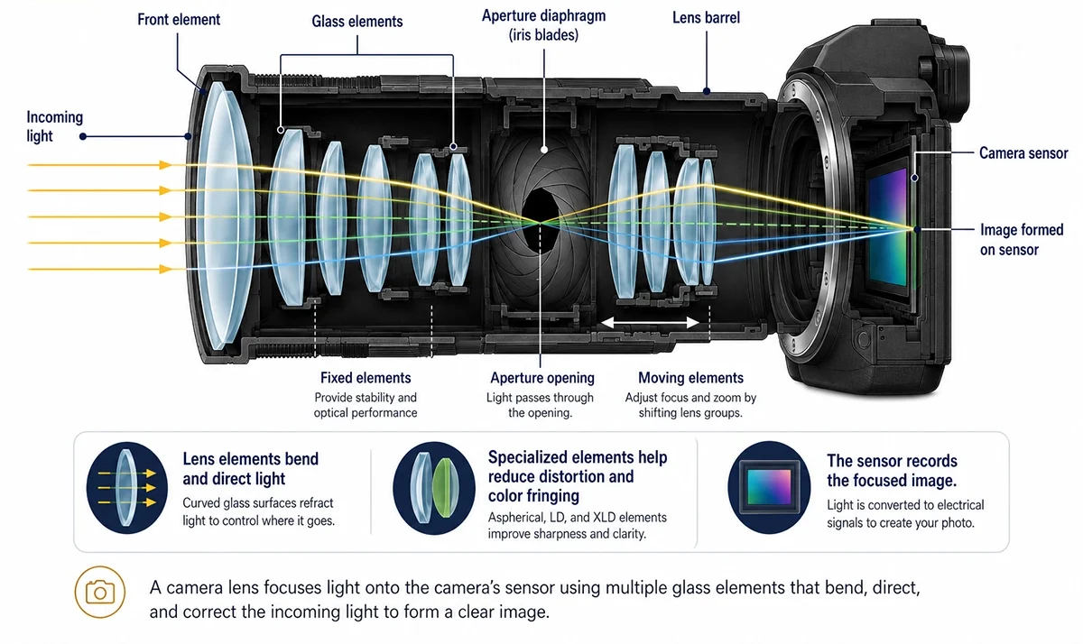 Diagrama em corte que mostra a luz que incide passando pelas lentes da câmera e pela abertura antes de ser focada no sensor da câmera.
