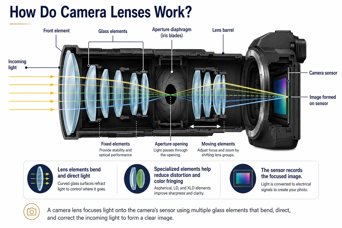Diagrama em corte que mostra a luz que incide passando pelas lentes da câmera e pela abertura antes de ser focada no sensor da câmera.