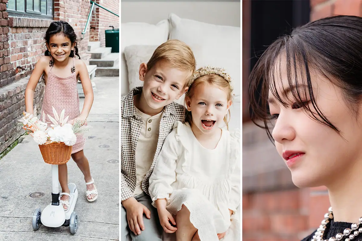 Três retratos lado a lado que mostram diferentes estilos de retrato: uma menina ao ar livre com uma patinete e uma cesta, duas crianças pequenas sentadas juntas em um ambiente interno e um close-up do perfil lateral de uma mulher.