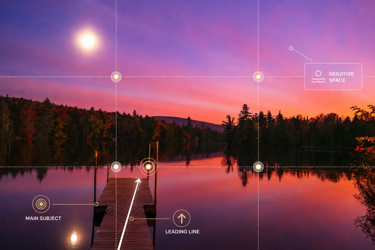 Composition graphic showing a sunset lake scene with a rule-of-thirds grid, a leading line along the dock, a main-subject marker, and highlighted negative space in the sky.