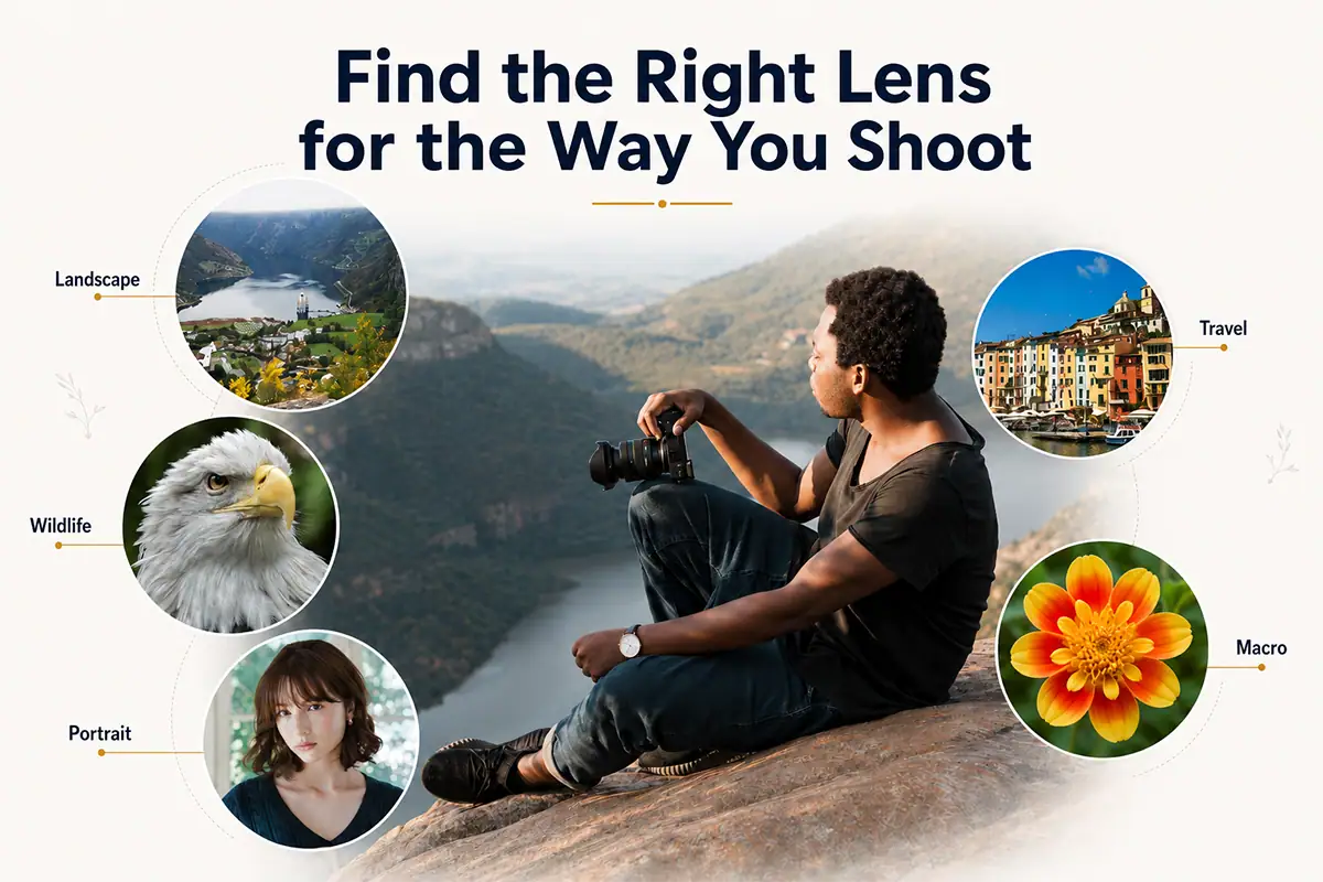 Imagem que mostra um fotógrafo usando uma lente Tamron em um mirante panorâmico, cercado por exemplos circulares de fotografia de paisagem, vida selvagem, retrato, viagem e macro.