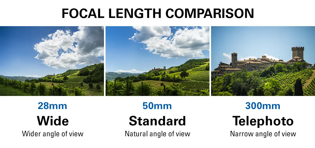 Focal length comparison graphic showing the same vineyard landscape photographed at 28mm, 50mm, and 300mm to demonstrate wide, standard, and telephoto views.