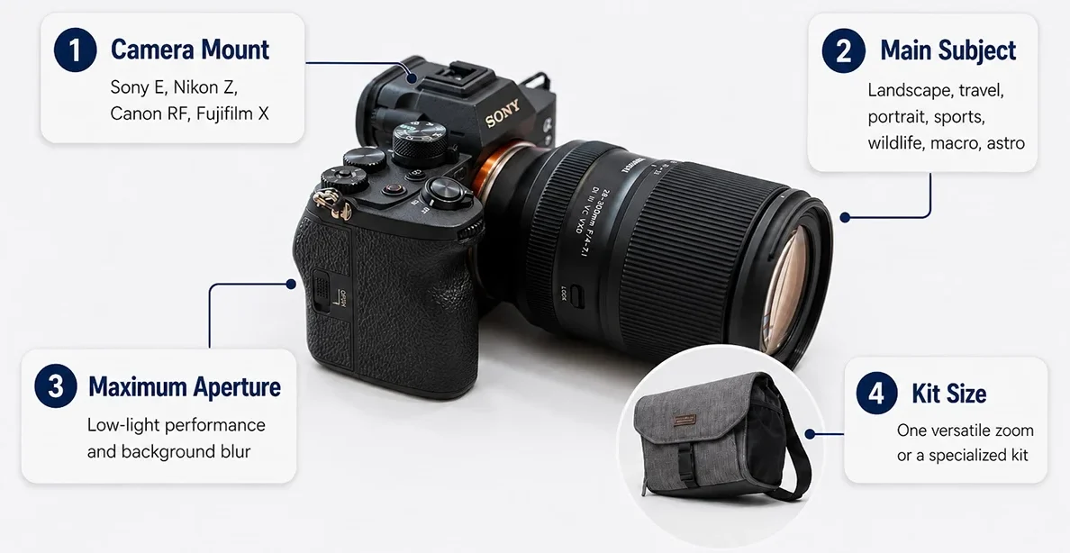 Infográfico que mostra uma câmera Sony com uma lente zoom Tamron de 28-300 mm e uma bolsa para câmera, apresentando quatro aspectos a serem considerados na escolha de uma lente: montagem da câmera, tema principal, abertura máxima e tamanho do kit.