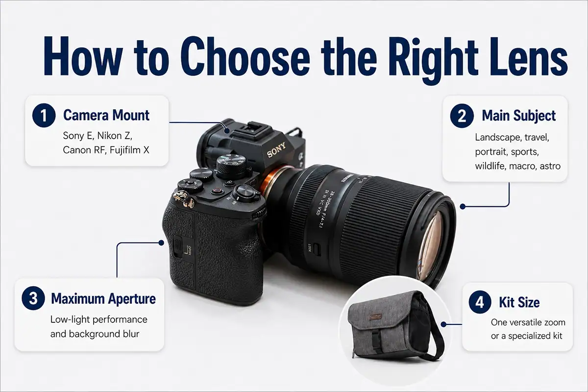 Infográfico que mostra uma câmera Sony com uma lente zoom Tamron de 28-300 mm e uma bolsa para câmera, apresentando quatro aspectos a serem considerados na escolha de uma lente: montagem da câmera, tema principal, abertura máxima e tamanho do kit.