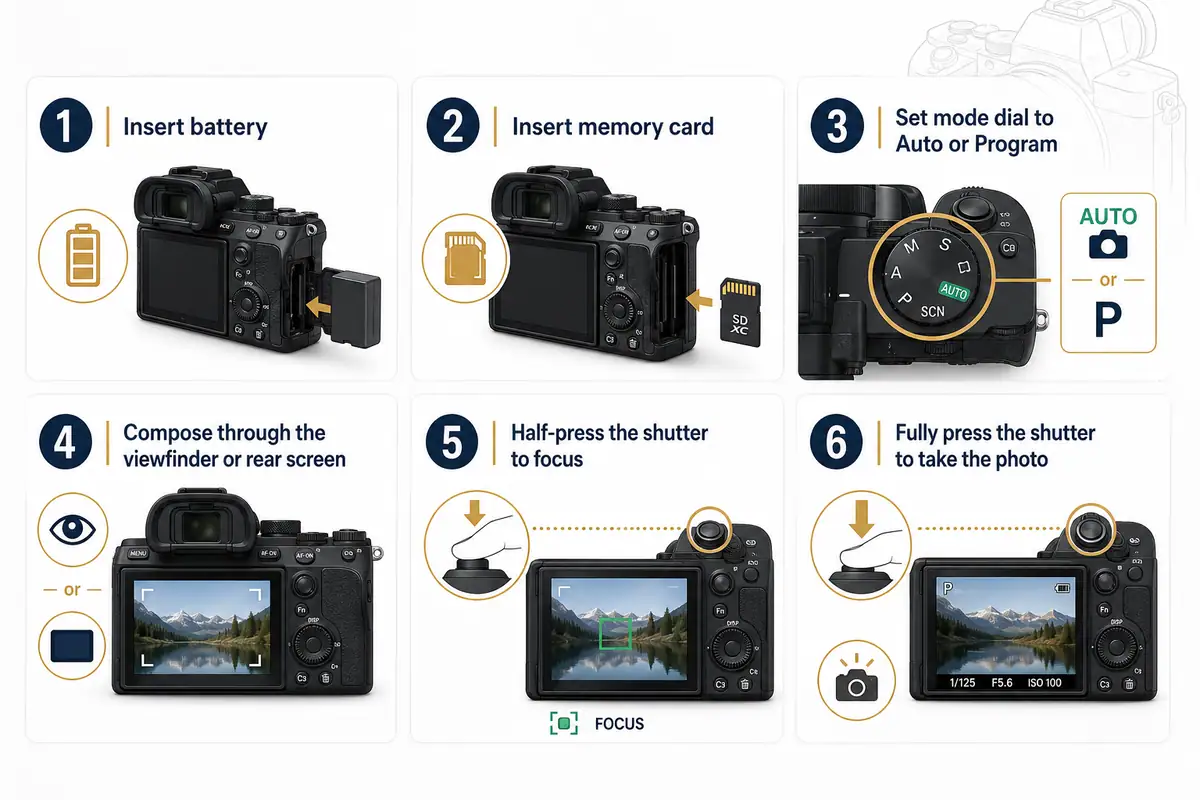 Six-step infographic showing how to insert a battery and memory card, select Auto or Program mode, compose, focus, and take a photo.