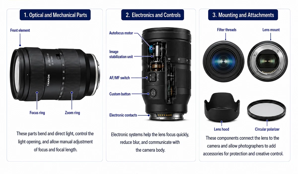 Infográfico de três painéis que identifica as partes ópticas e mecânicas de uma lente de câmera, os controles eletrônicos e os acessórios de montagem, incluindo o elemento frontal, o anel de foco, o anel de zoom, a montagem da lente, o protetor de lente e o polarizador circular.
