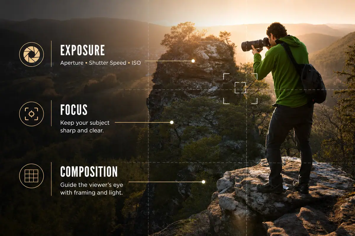 Photographer capturing a mountain landscape at golden hour with graphics highlighting exposure, focus, and composition.