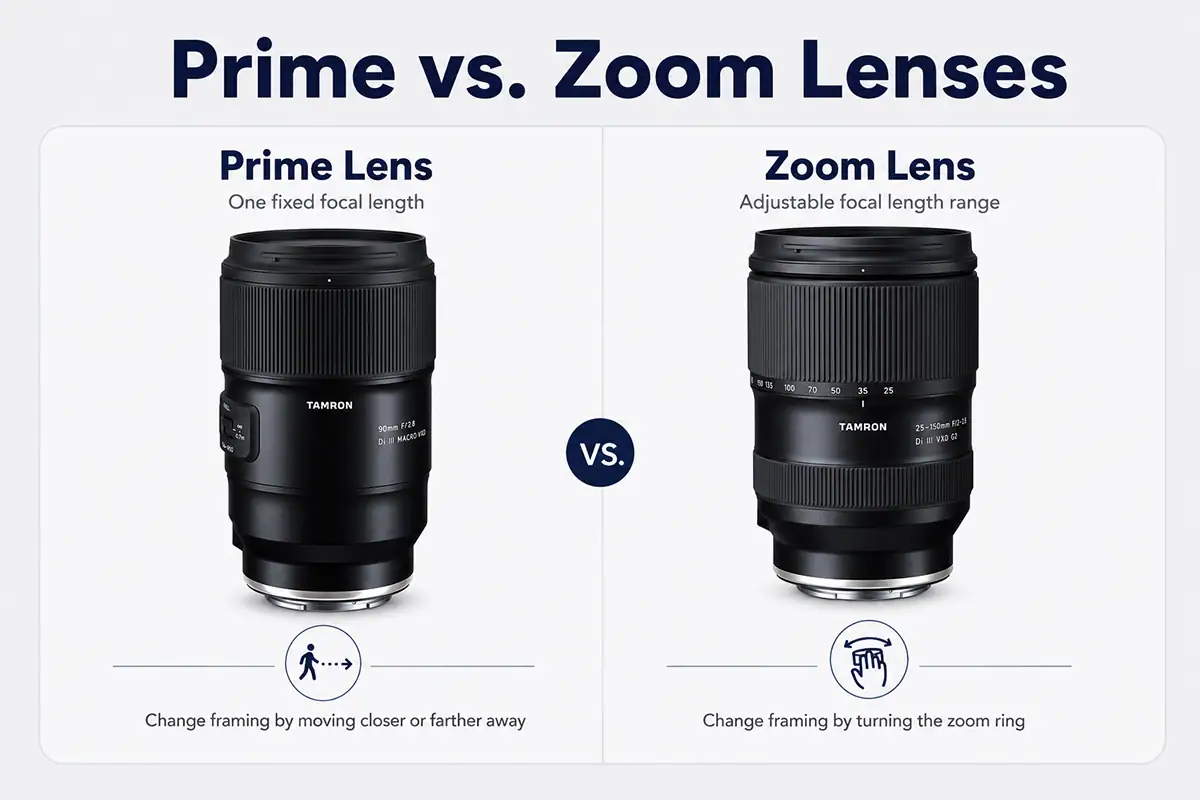 Infográfico comparativo lado a lado entre uma lente fixa Tamron de 90 mm e uma lente zoom Tamron de 25-200 mm, mostrando as diferenças entre distâncias focais fixas e ajustáveis.