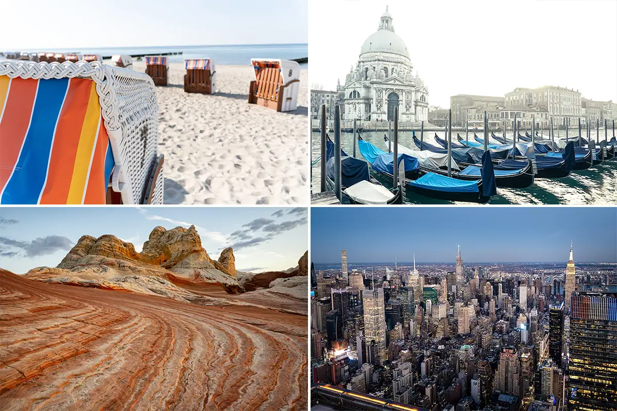 Travel photography collage featuring a beach, gondolas and historic architecture in Venice, a desert landscape, and the New York City skyline.