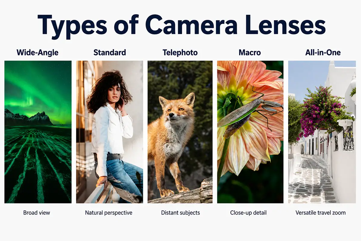 Infográfico de cinco colunas que mostra os tipos de lentes grande-angular, padrão, teleobjetiva, macro e multifuncional, com fotos de exemplo de uma paisagem com aurora boreal, um retrato, uma raposa, um louva-a-deus e uma cena de viagem.