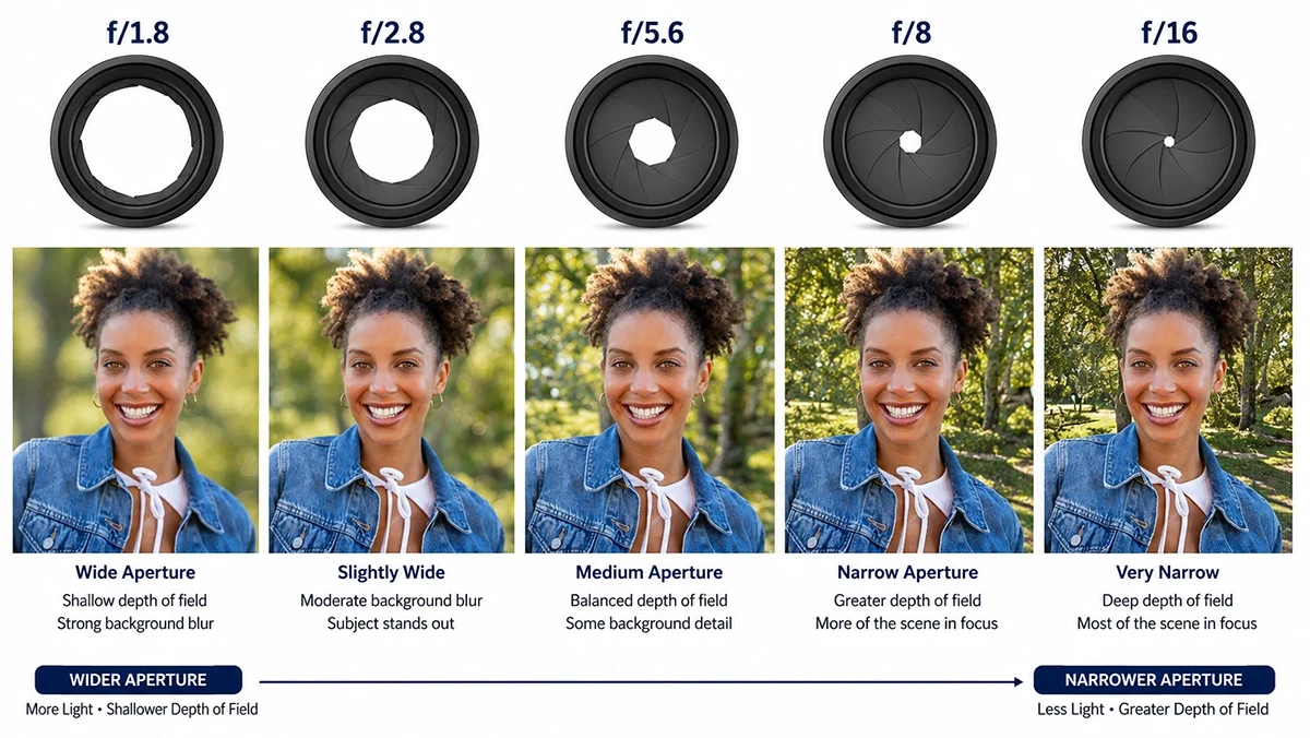 Infográfico comparando as aberturas f/1.8, f/2.8, f/5.6, f/8 e f/16, com diagramas das lâminas do diafragma e exemplos de retratos que mostram o aumento da nitidez do fundo.