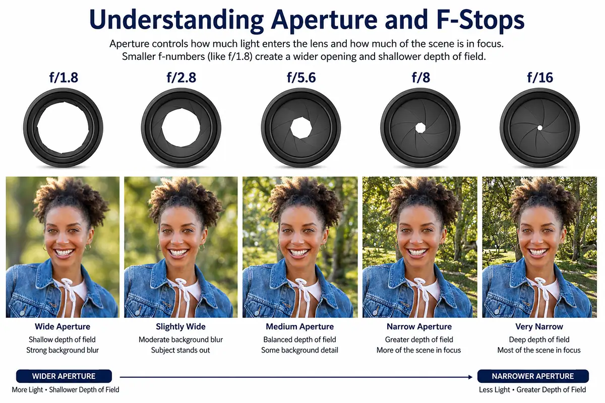 Infográfico comparando as aberturas f/1.8, f/2.8, f/5.6, f/8 e f/16, com diagramas das lâminas do diafragma e exemplos de retratos que mostram o aumento da nitidez do fundo.