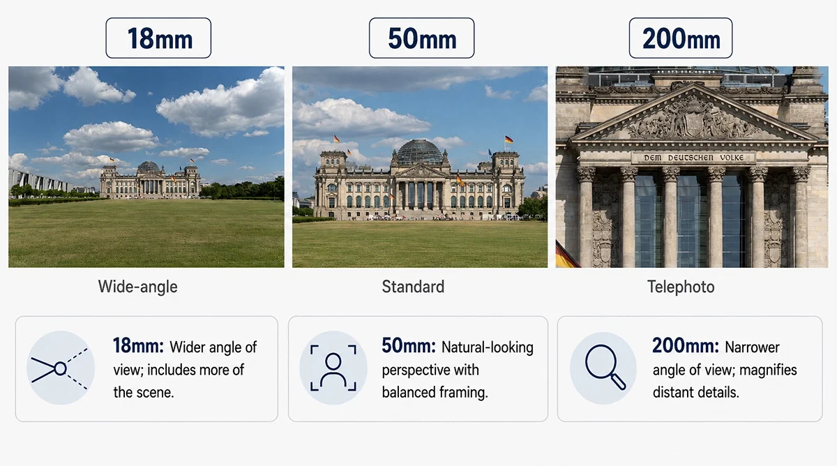 Comparação do edifício do Reichstag fotografado da mesma posição em 18 mm, 50 mm e 200 mm, mostrando as mudanças no ângulo de visão e na ampliação.