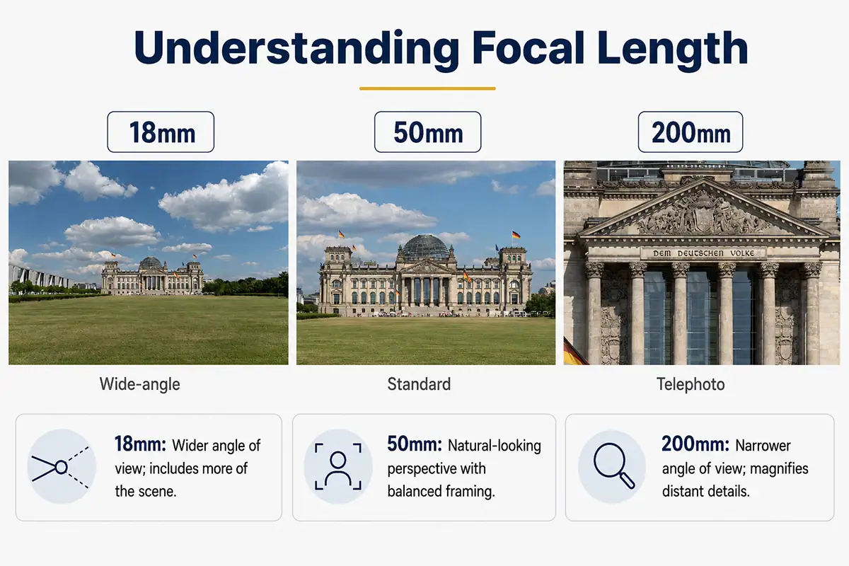 Comparação do edifício do Reichstag fotografado da mesma posição em 18 mm, 50 mm e 200 mm, mostrando as mudanças no ângulo de visão e na ampliação.