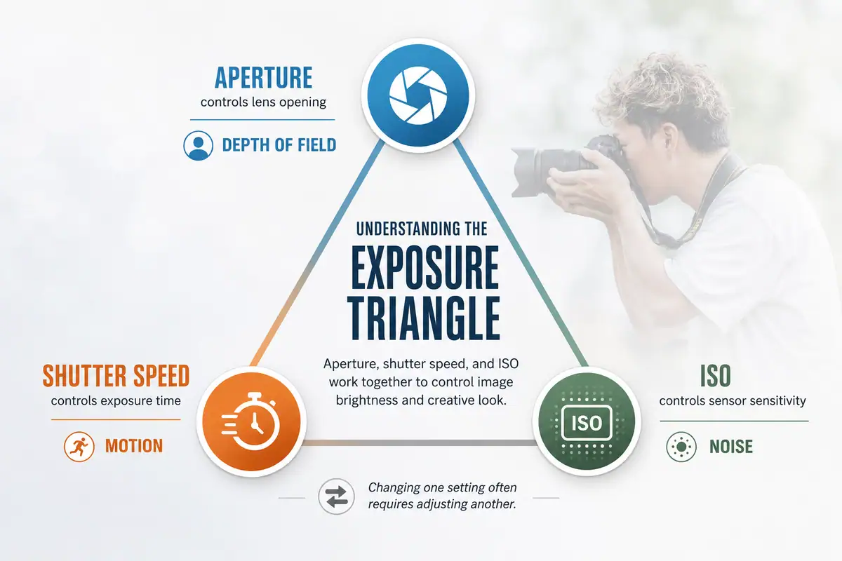 Infographic illustrating the exposure triangle with aperture, shutter speed, and ISO at each point, showing their relationship to depth of field, motion, and image noise.