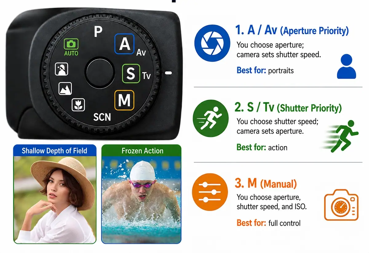 Infographic showing a camera mode dial with A/Av, S/Tv, and M exposure modes, plus examples of shallow depth of field and frozen action.