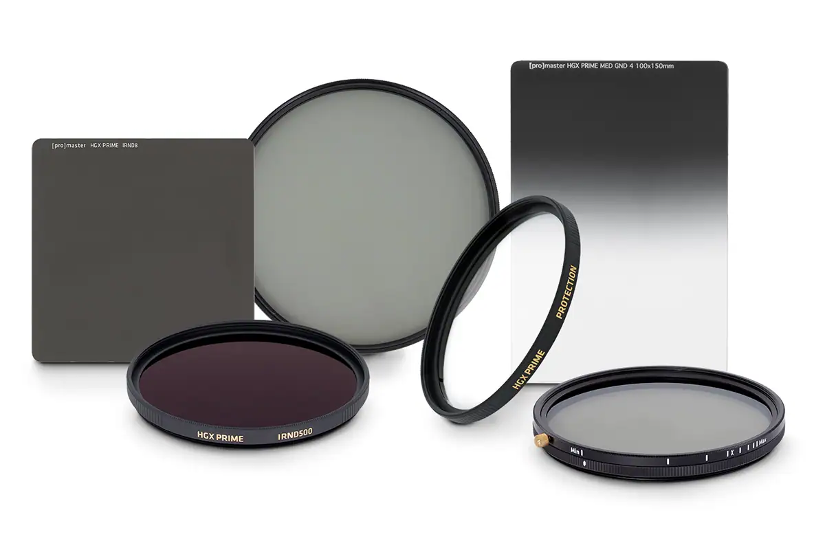 Camera lens filters including neutral density, graduated ND, circular polarizer, and protective filters.