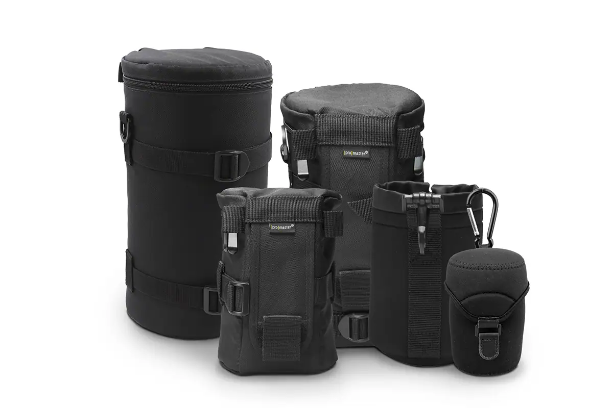Camera lens pouches and protective wraps in multiple for storing and carrying lenses.