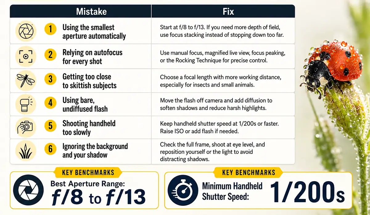 Infográfico que explica seis erros comuns na fotografia macro e como corrigi-los, incluindo o uso de aberturas entre f/8 e f/13 e uma velocidade do obturador de 1/200 s ou mais rápida, sem tripé.
