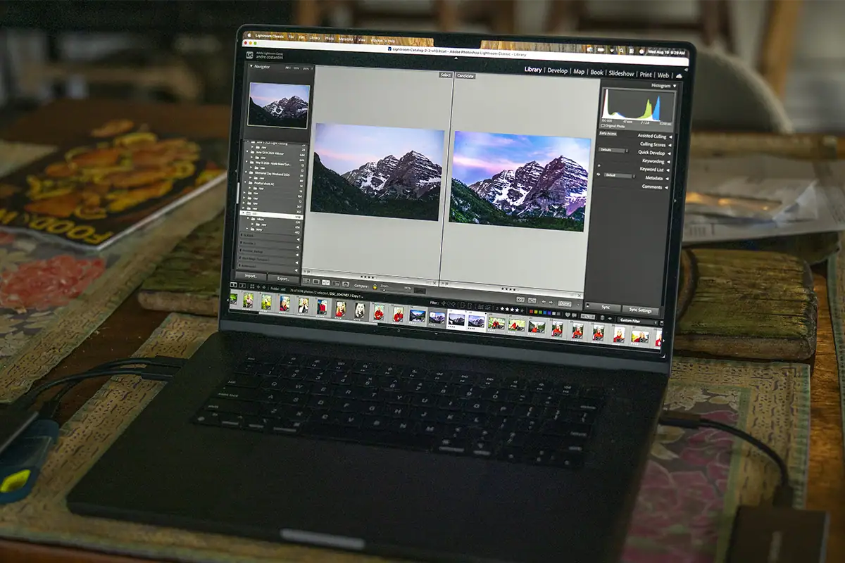 Laptop displaying a before-and-after RAW photo edit in Lightroom with an organized image filmstrip visible below.
