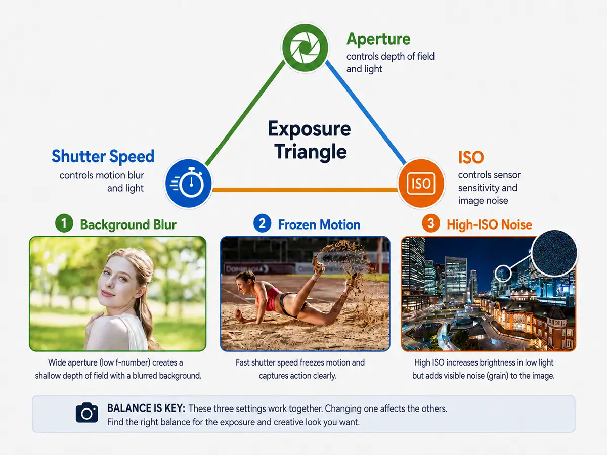 Infographic showing the exposure triangle with Aperture, Shutter Speed, and ISO, plus example images demonstrating background blur, frozen motion, and visible high-ISO noise.