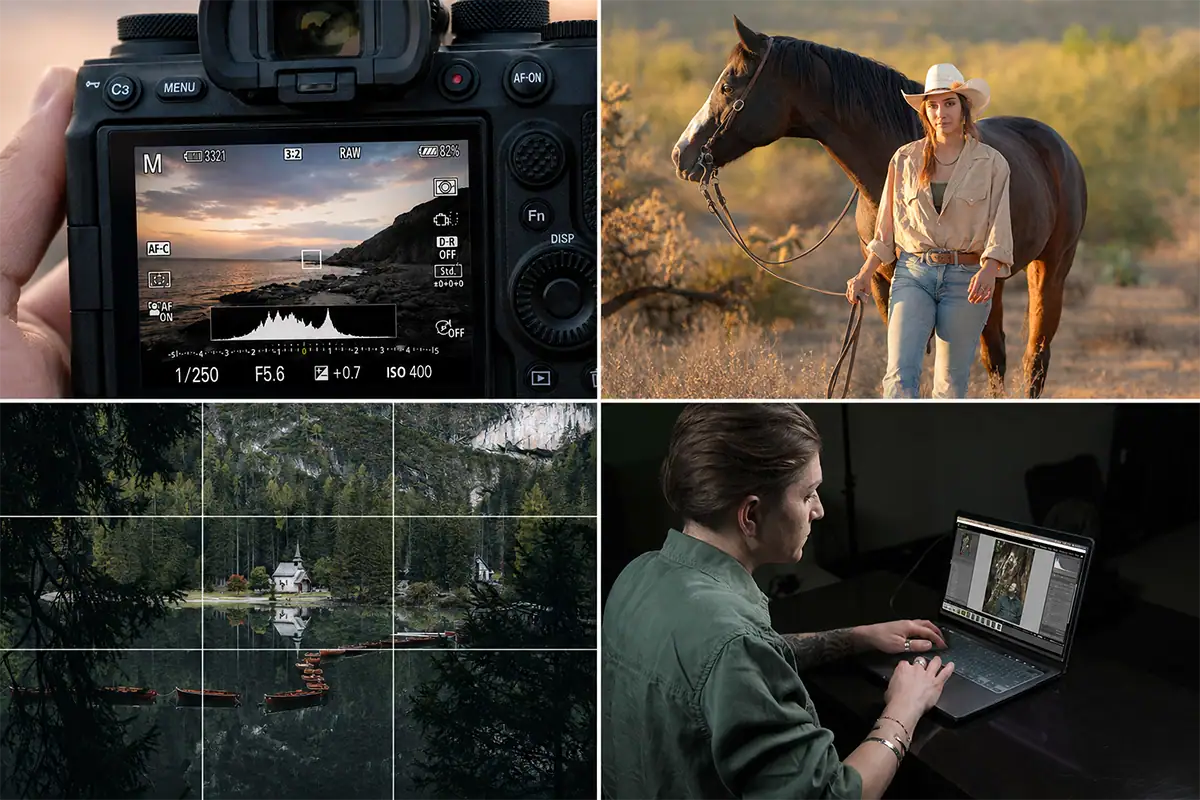 Four-panel photography skills graphic showing a camera settings screen, a golden-hour portrait, a landscape photo with a composition grid overlay, and a photographer editing a RAW image on a laptop.