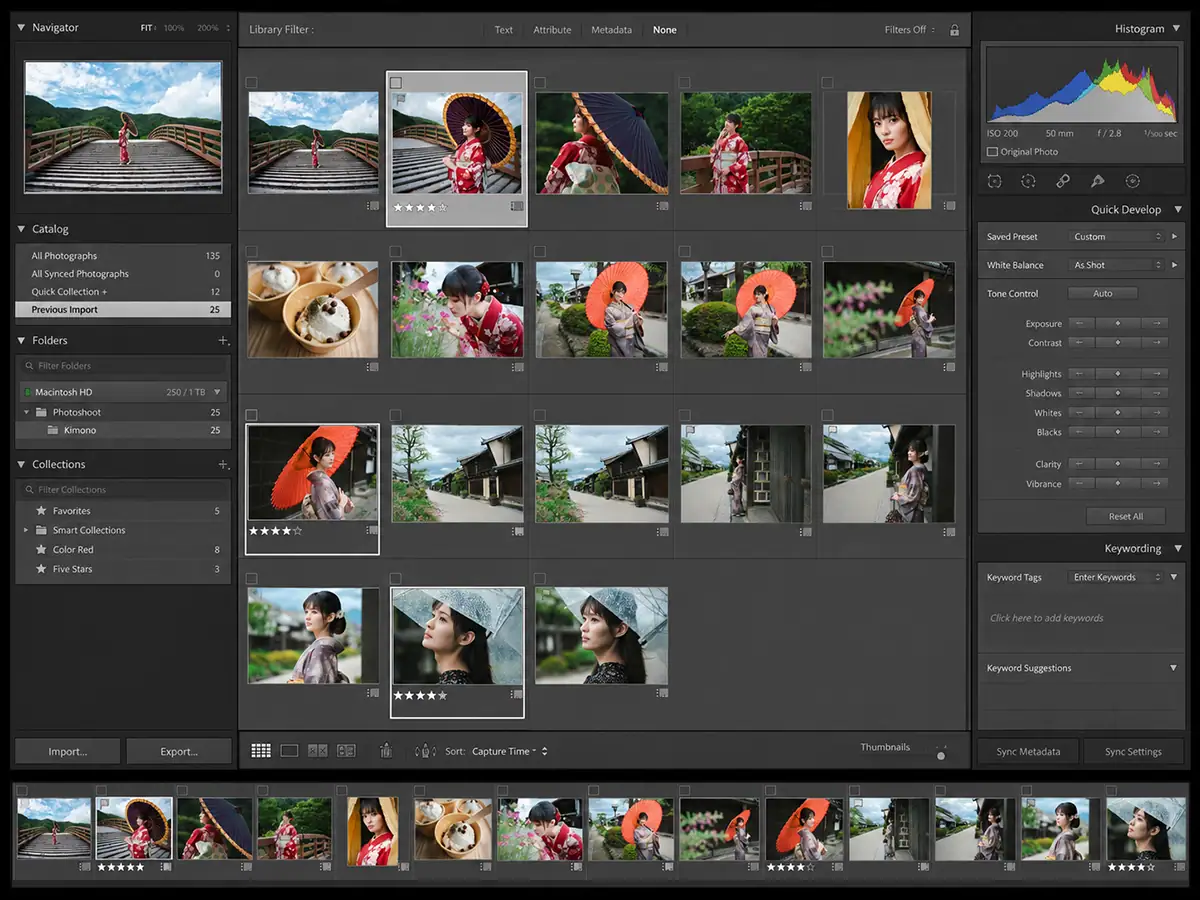 Lightroom Library screen displaying a series of portrait photographs with several images marked as favorites for review and constructive feedback.