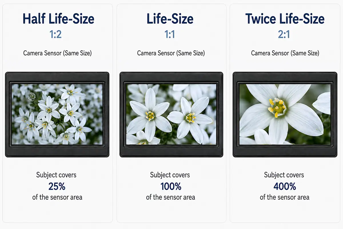 Infográfico sobre a taxa de ampliação na fotografia macro, comparando imagens de flores em escala 1:2 (metade do tamanho real), 1:1 (tamanho real) e 2:1 (o dobro do tamanho real) em sensores de câmera de tamanho igual.