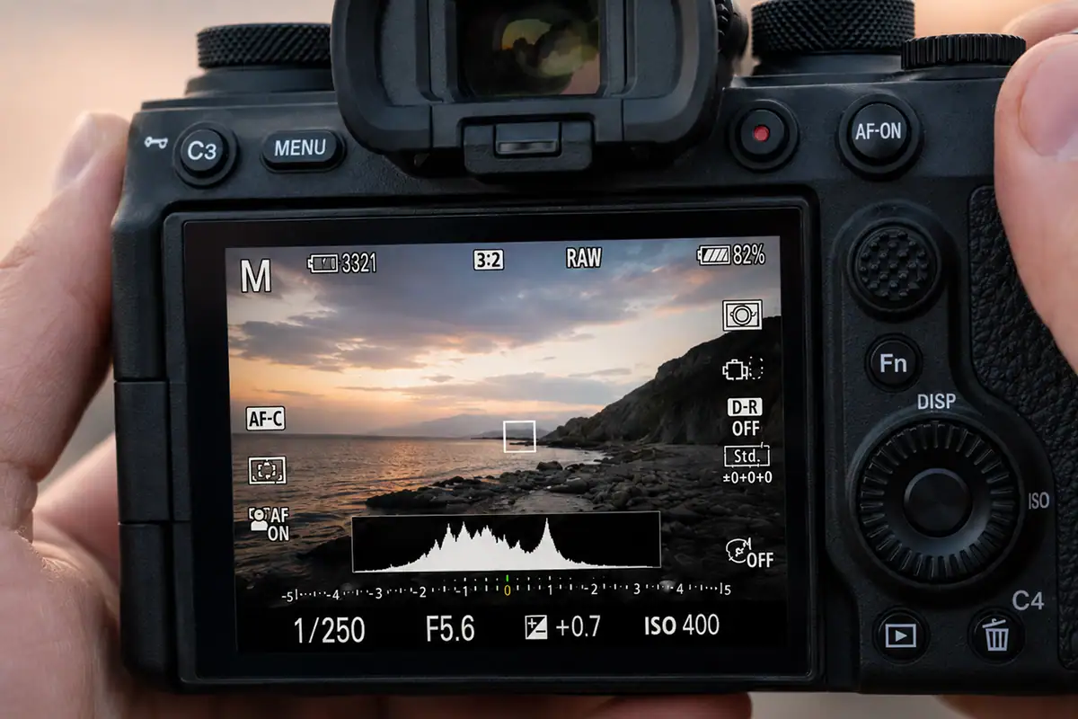 Close-up of a mirrorless camera&rsquo;s rear screen displaying aperture, shutter speed, ISO, a histogram, and exposure-compensation information.