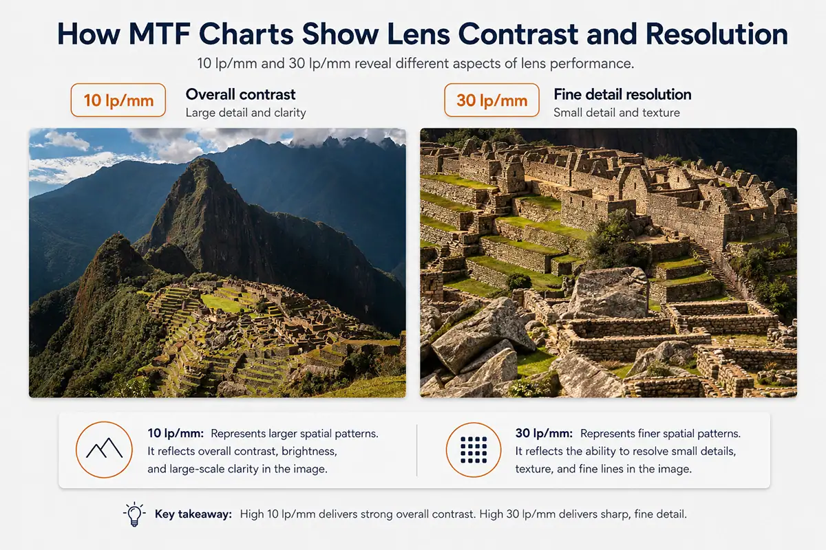 Imágenes de Machu Picchu presentadas una al lado de la otra que ilustran cómo 10 lp/mm representa el contraste general del lente y 30 lp/mm representa la resolución de los detalles finos.