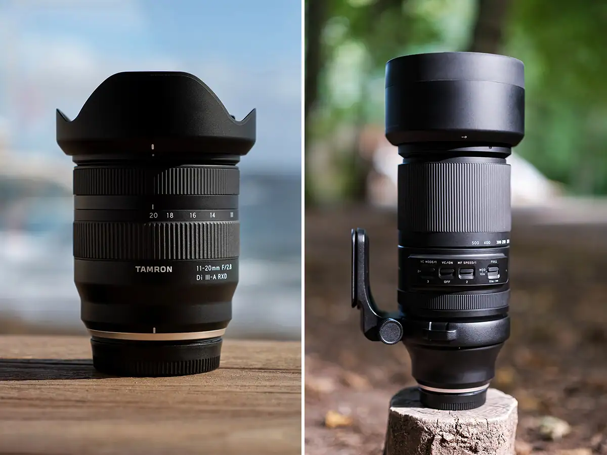 Side-by-side comparison of a Tamron lens with a petal lens hood and a Tamron telephoto lens with a cylindrical lens hood.