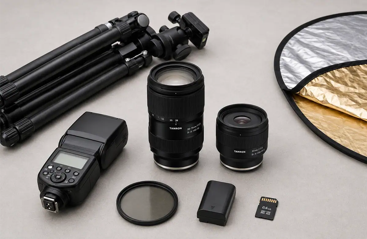Photography gear kit featuring Tamron 28-75mm F2.8 G2 and 35mm F2.8 lenses with a tripod, reflector, speedlight, polarizing filter, spare battery, and memory card.