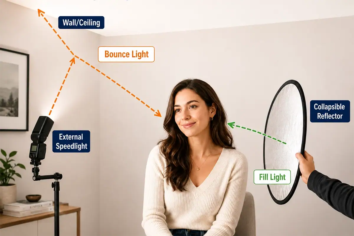 Portrait lighting setup showing an external speedlight bounced from a wall and ceiling while a collapsible reflector provides fill light on the shadow side of the subject’s face.