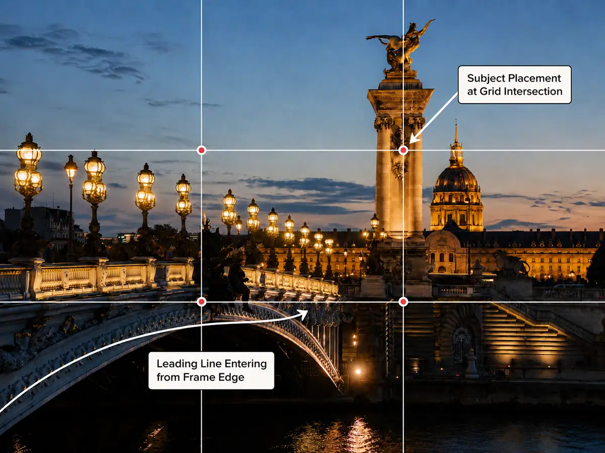 Paris bridge at dusk with a 3×3 rule of thirds composition grid, intersection markers, and annotations showing subject placement and a leading line entering from the frame edge.
