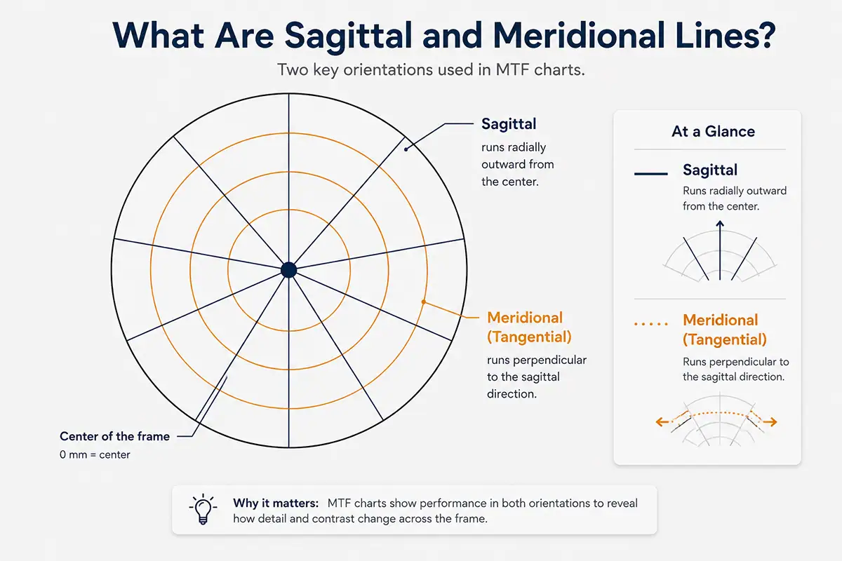 Diagrama que ilustra la orientación de las líneas sagitales y meridionales en un gráfico MTF, en el que se observan las líneas sagitales que se extienden radialmente desde el centro del marco y las líneas meridionales que discurren perpendicularmente a ellas.