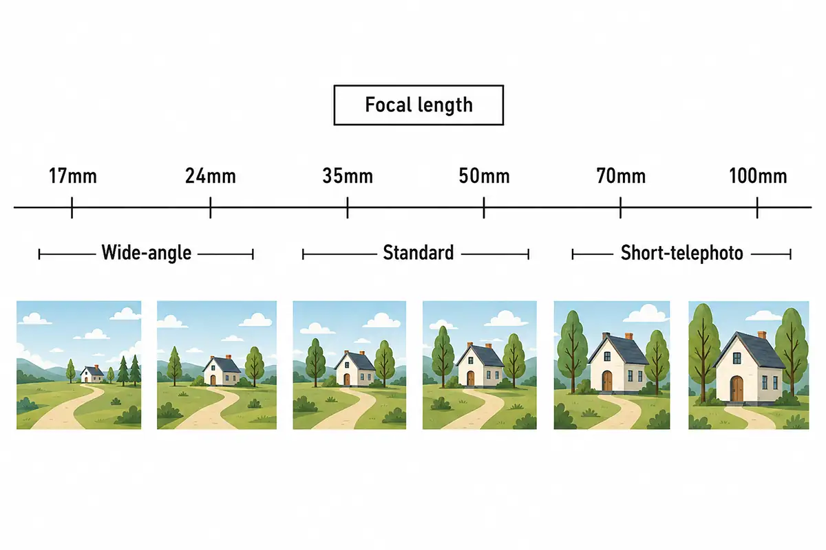 Infográfico que mostra como a distância focal afeta o ângulo de visão em 17 mm, 24 mm, 35 mm, 50 mm, 70 mm e 100 mm, com legendas para as faixas de grande angular, padrão e teleobjetiva curta.