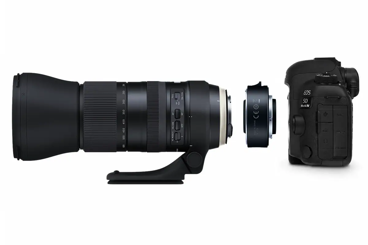 Tamron telephoto lens, 2x teleconverter, and Canon DSLR camera shown in correct mounting order for a teleconverter setup.